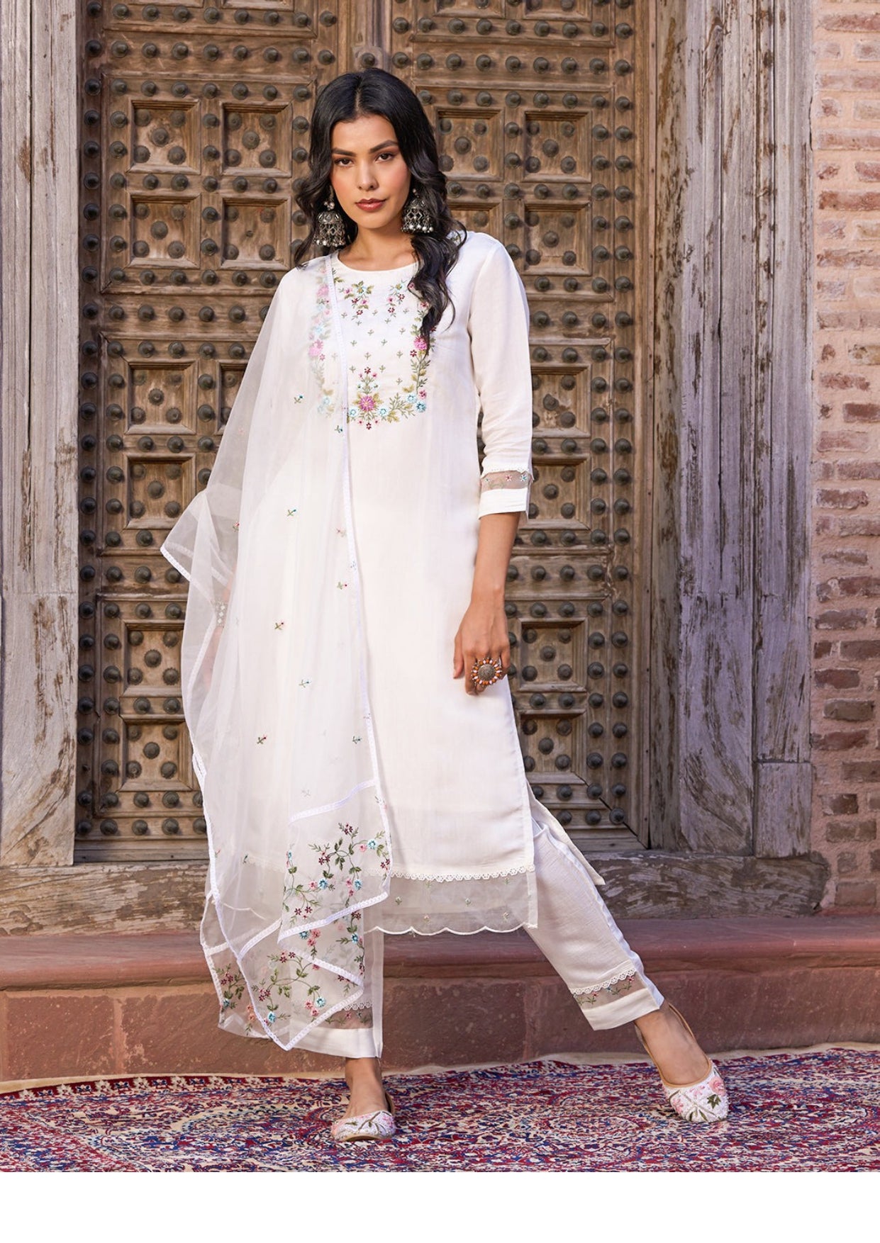 Beautiful Viscose Chanderi Suit With Embroidery Work On Kurta And Floral Dupatta