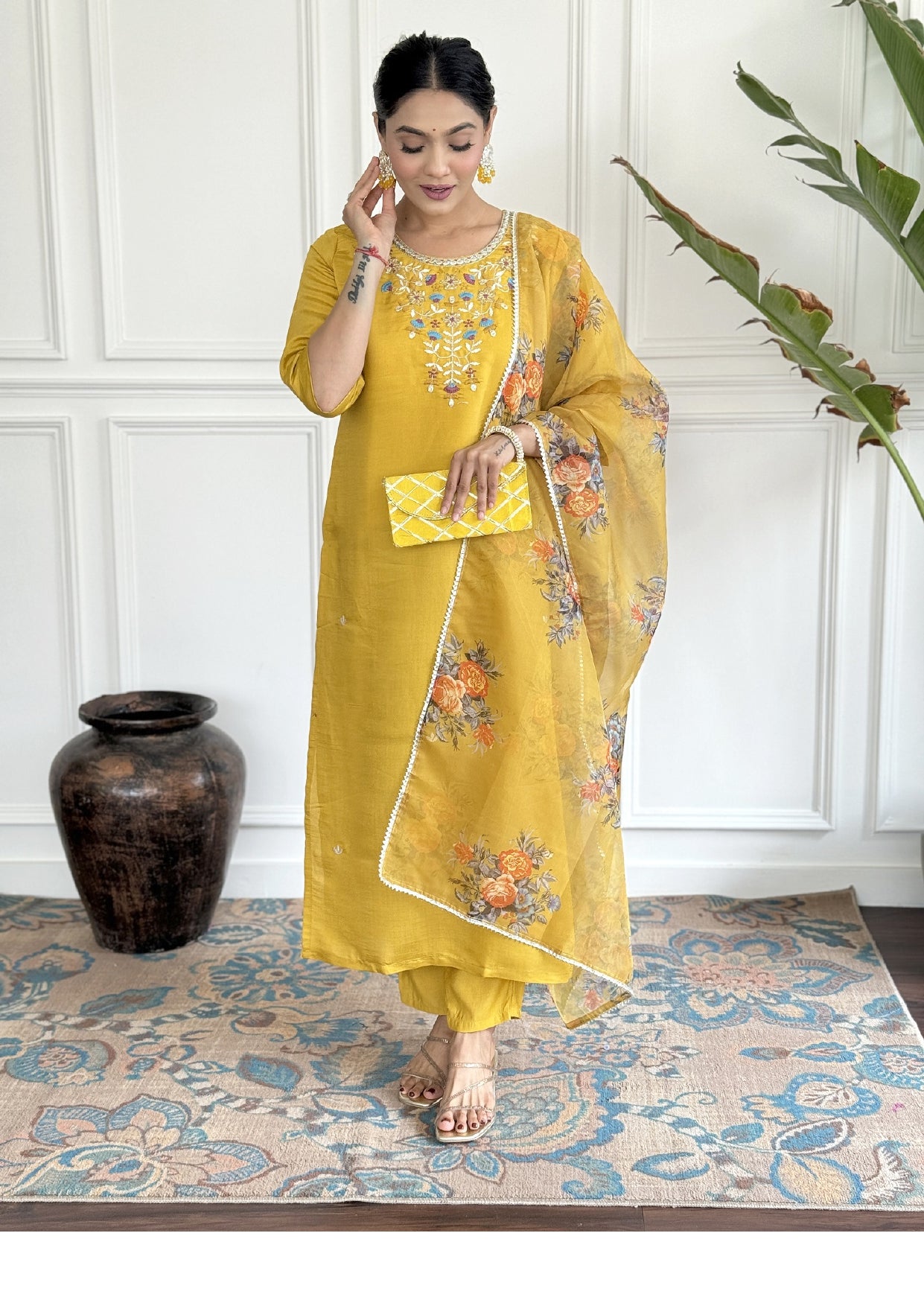 Women Embroidered Yellow Straight Kurta Set with Dupatta