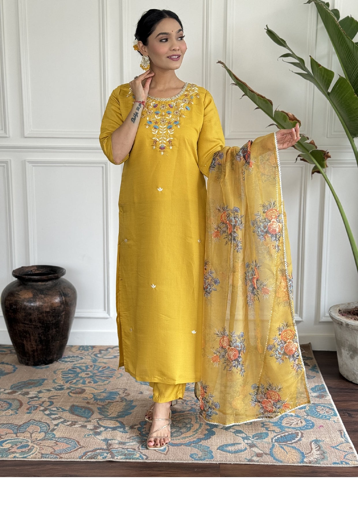 Women Embroidered Yellow Straight Kurta Set with Dupatta