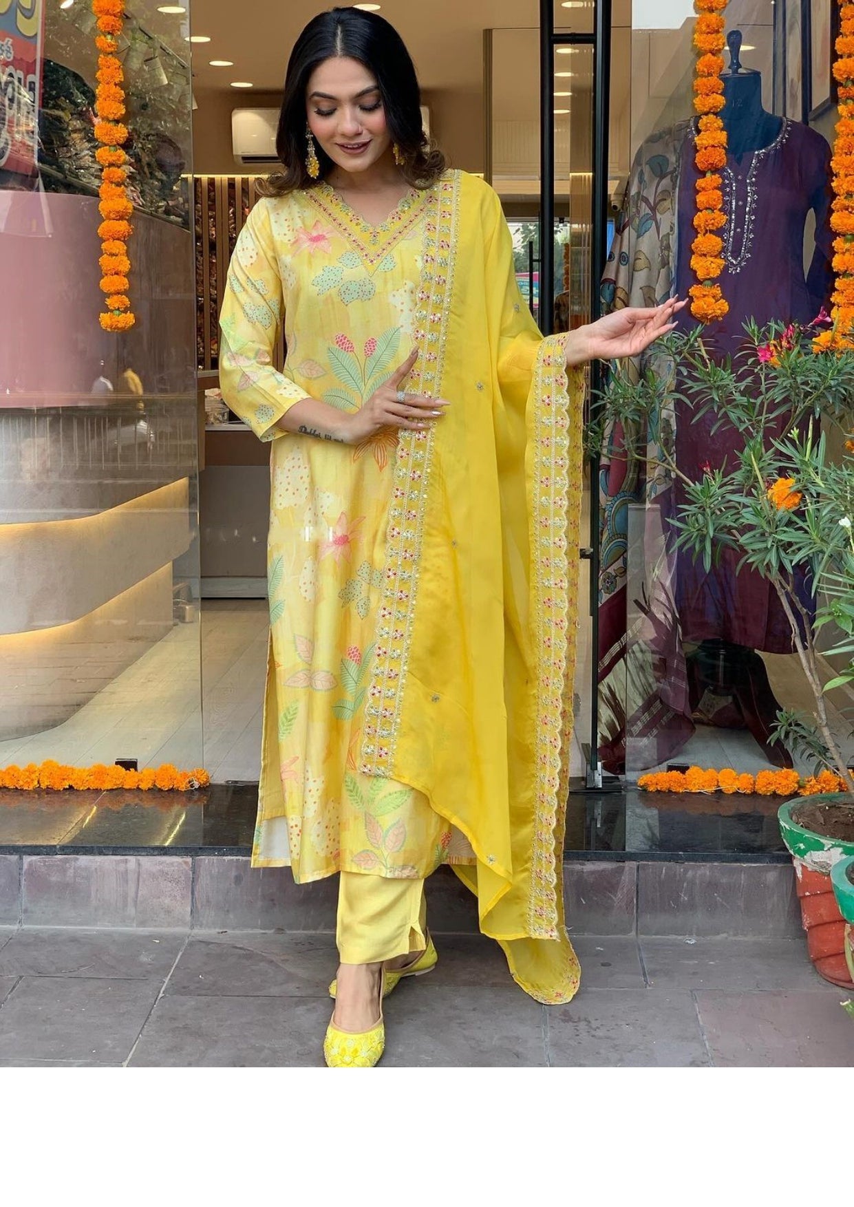 Embroided Yellow Kurta set with Knee Bottom Pant and Border Dupatta