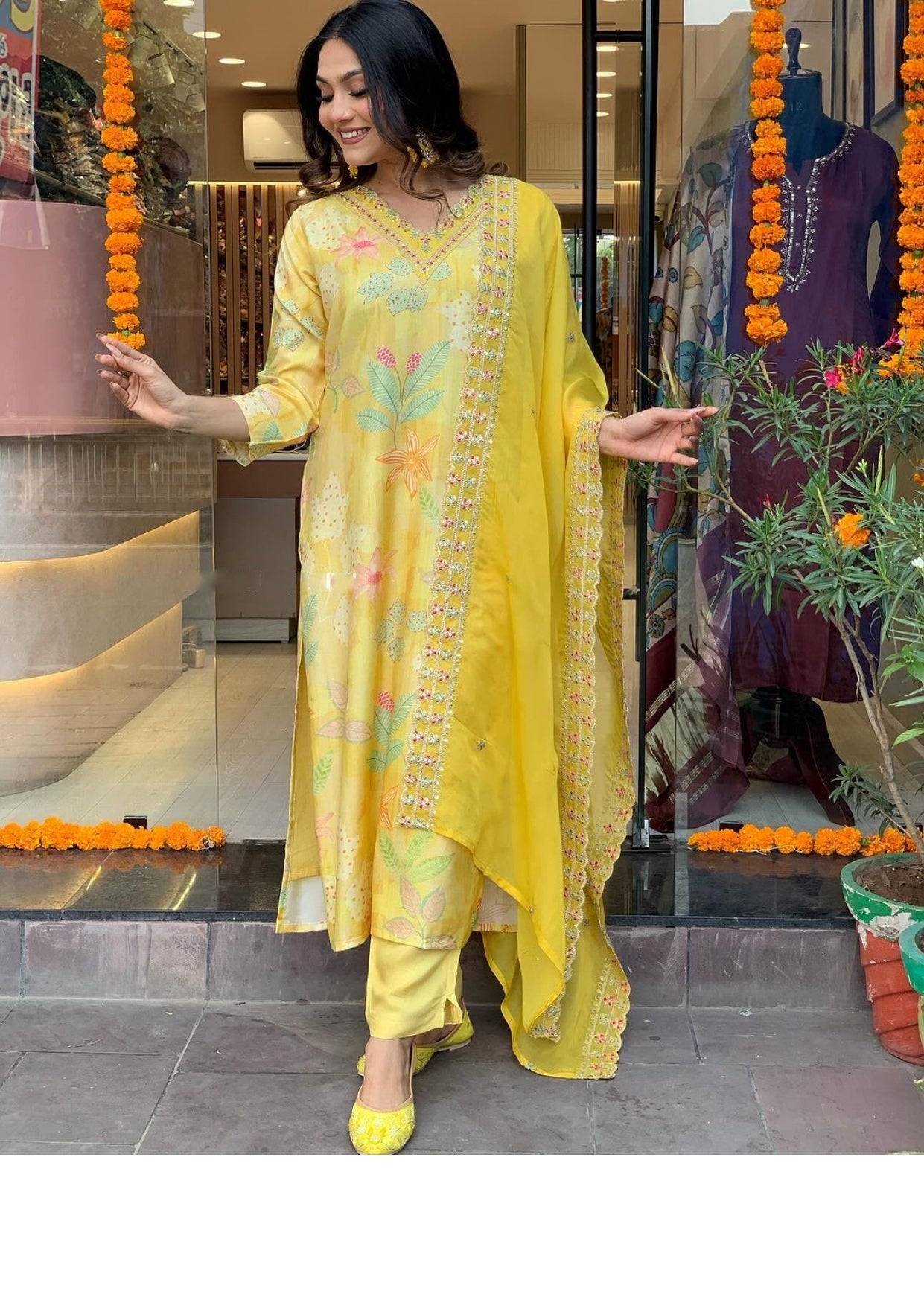 Embroided Yellow Kurta set with Knee Bottom Pant and Border Dupatta